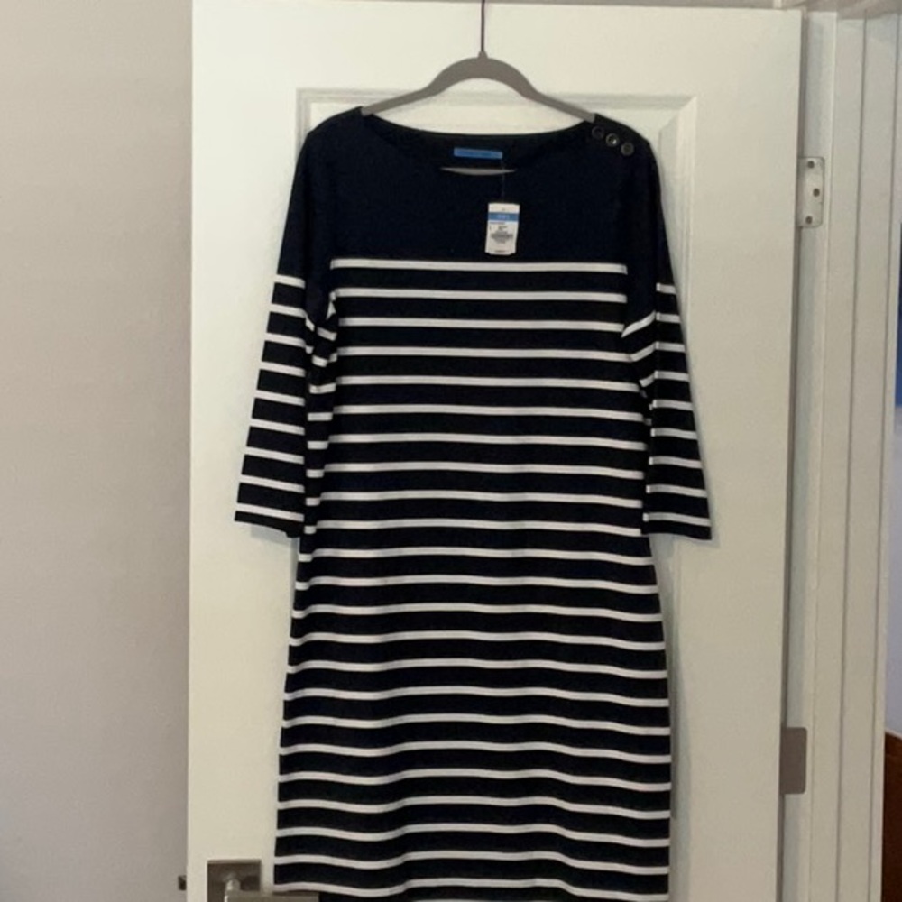 J. McLaughlin Blue and White Sheath Dress with Raglan Sleeves